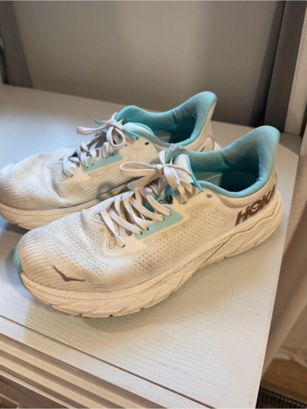 Hoka Women's White and Light Blue Athletic Running Shoes